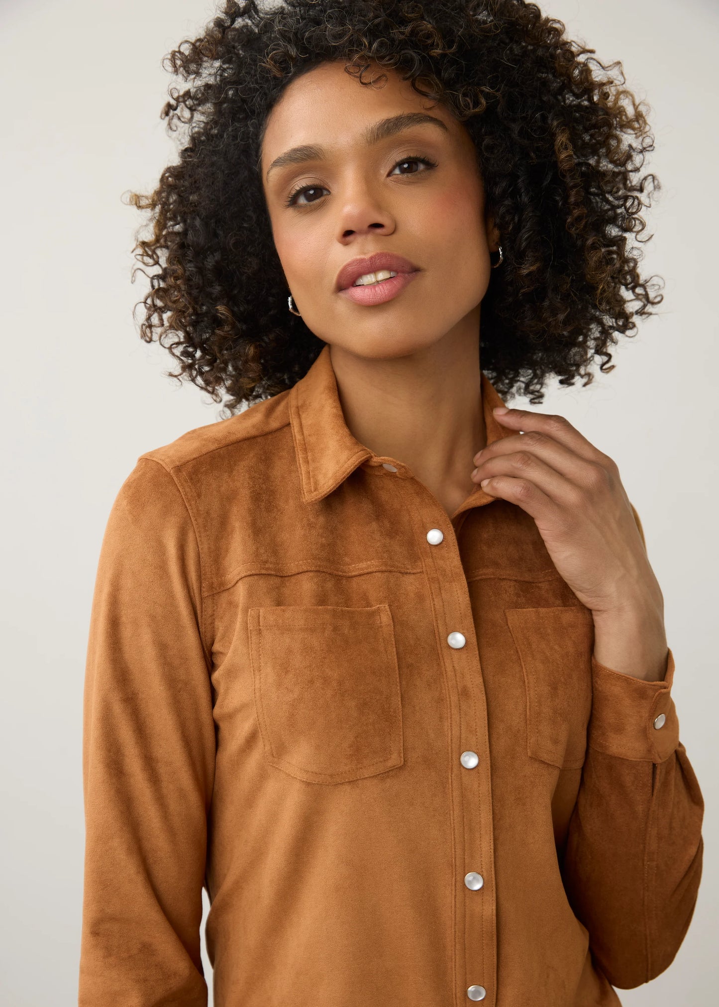 Long Sleeve Button Front Suede Top. Style FD7476196