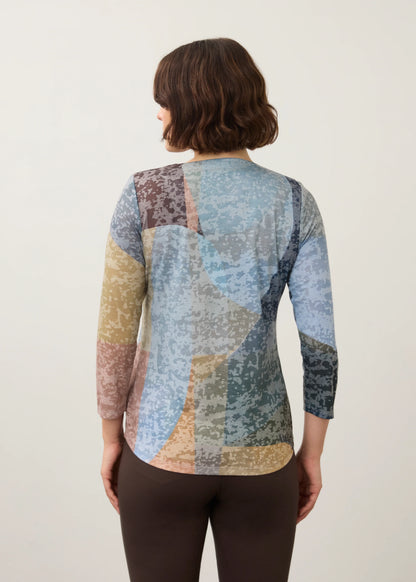 3/4 Sleeve V-Neck Abstract Printed Lightweight Top. Style FD3795844