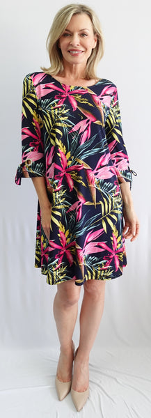 Botanical Print Grommet & Tie Sleeve Dress. Style SW97239