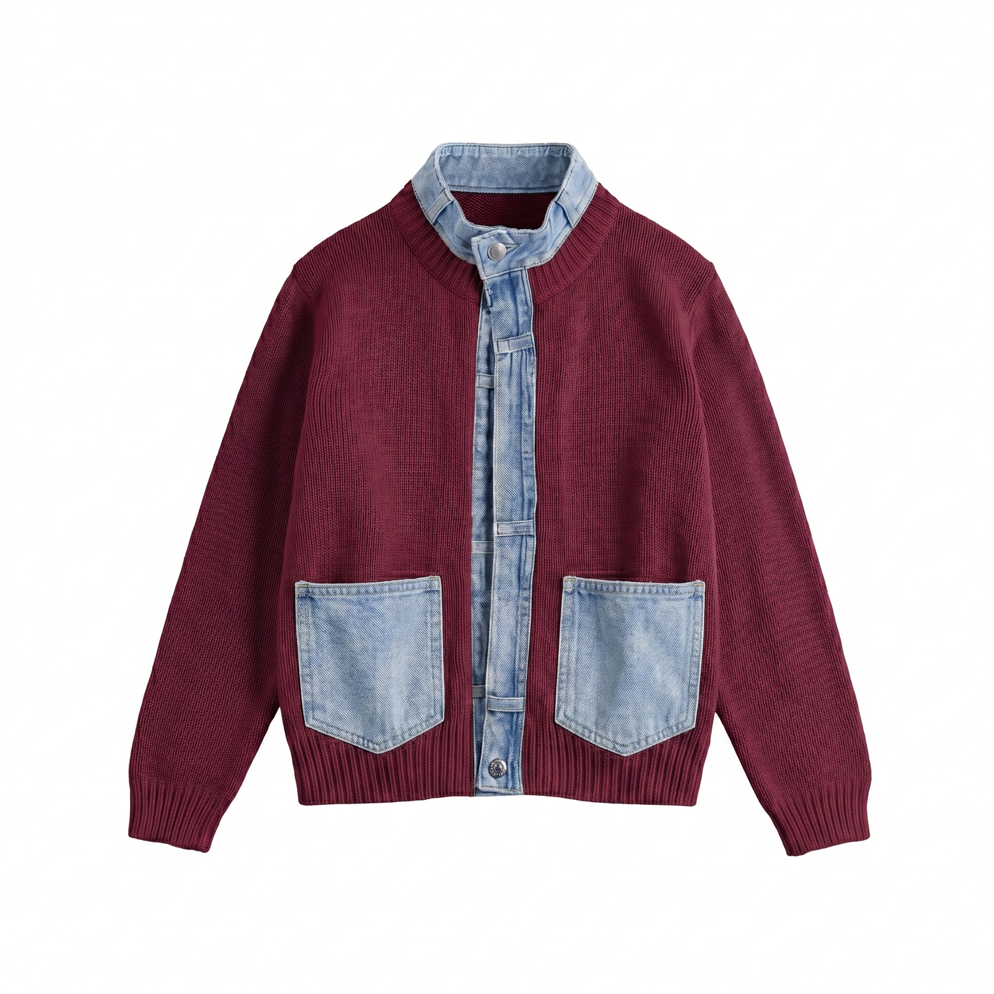 Mock Neck Denim Trim Knit Cardigan. Style SHNP6014