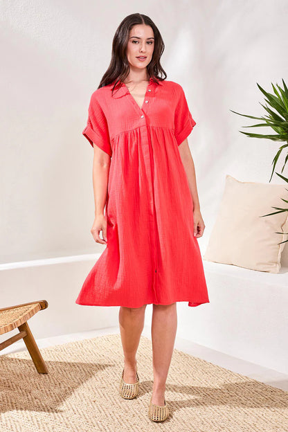 Crinkle Gauze Short Sleeve Empire Waist Midi Dress. Style TR6054O-4555