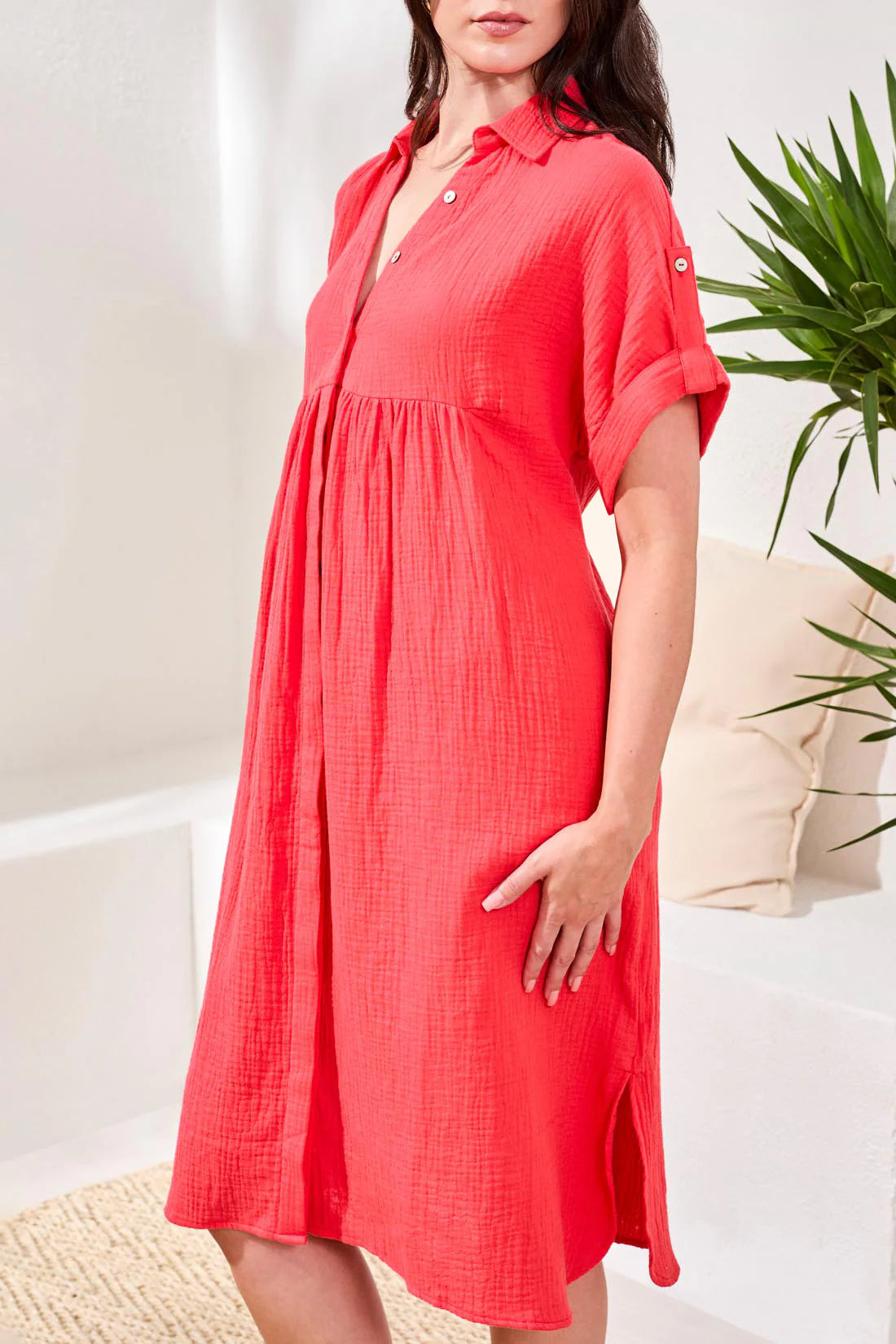 Crinkle Gauze Short Sleeve Empire Waist Midi Dress. Style TR6054O-4555