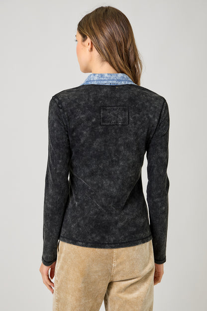 Button Front & Denim Edges Ribbed Shirt. Style MYS60719