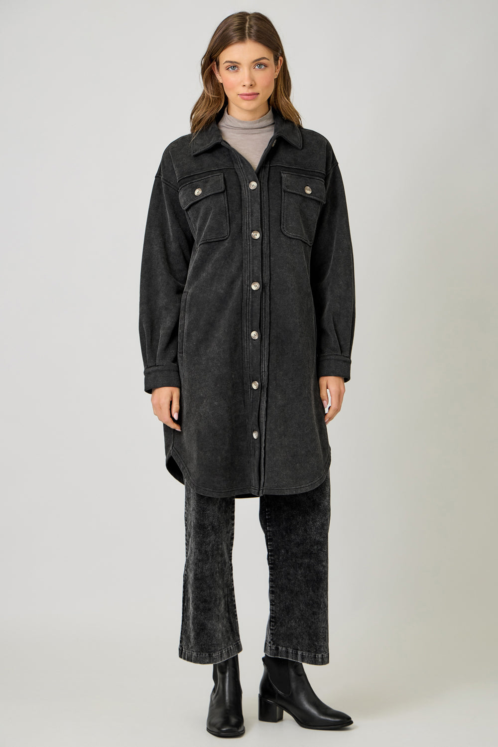 Washed Terry Long Button Front Jacket. Style MYS61231