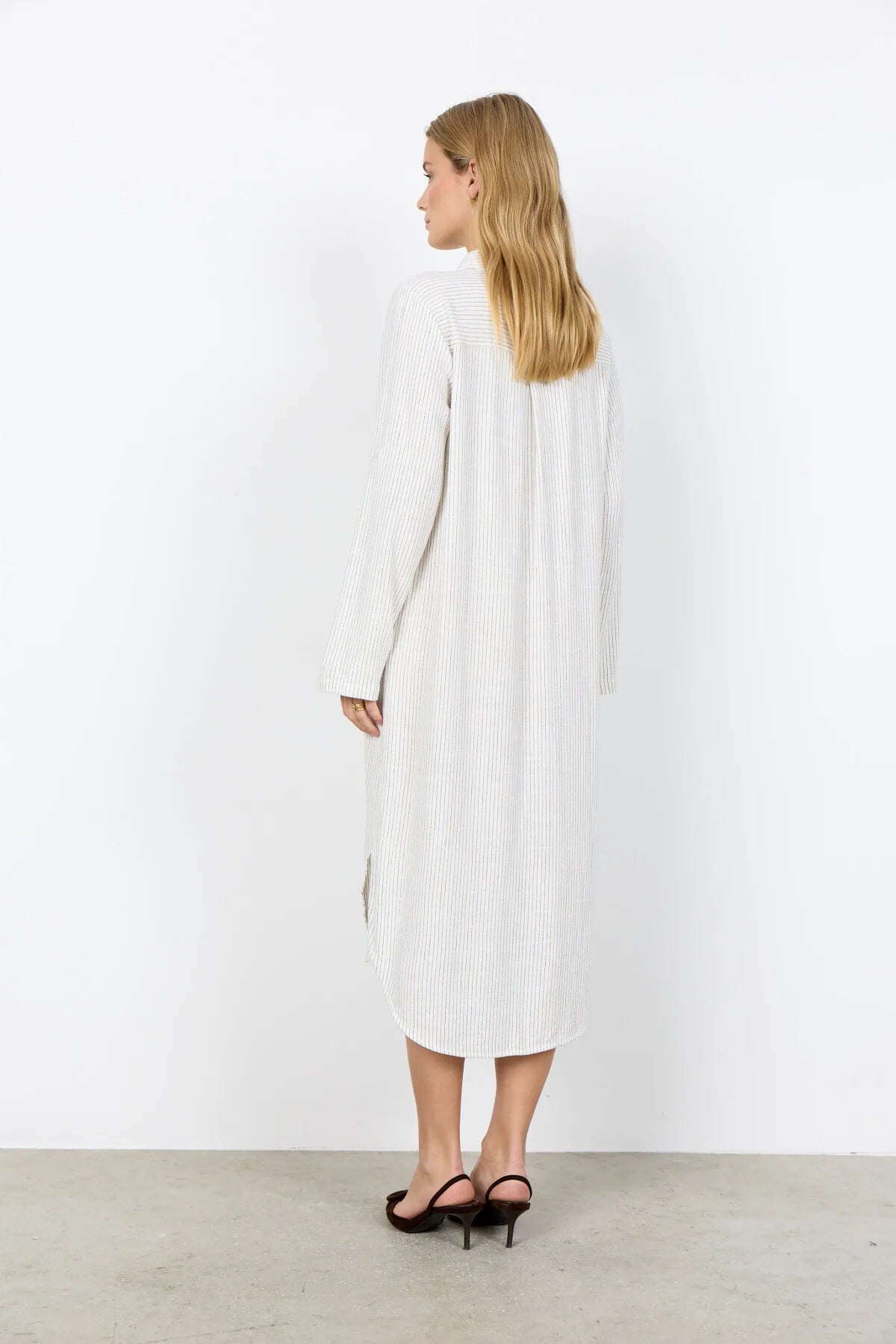 Vertical Stripes Button Front Shirt Style Midi Dress. Style SOYA41588