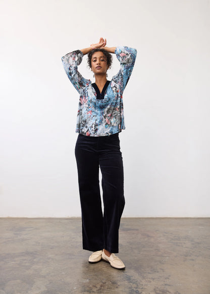 Long Sleeve V-Neckline Velvet Detail Top. Style FD3875153
