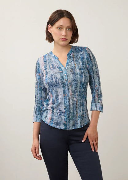 Henley 3/4 Sleeve Abstract Print Top. Style FD3387844