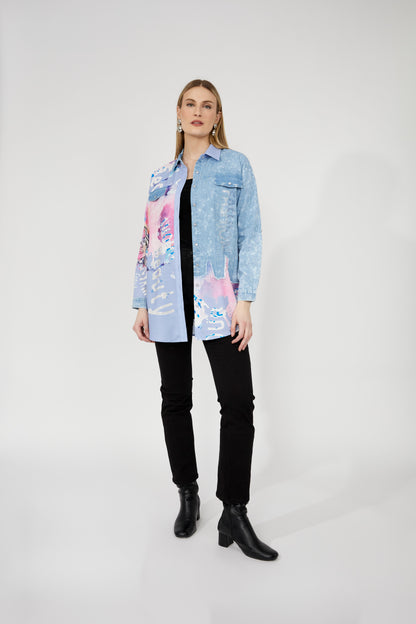 Patchwork & Denim Button Front Blouse. Style FL243528U