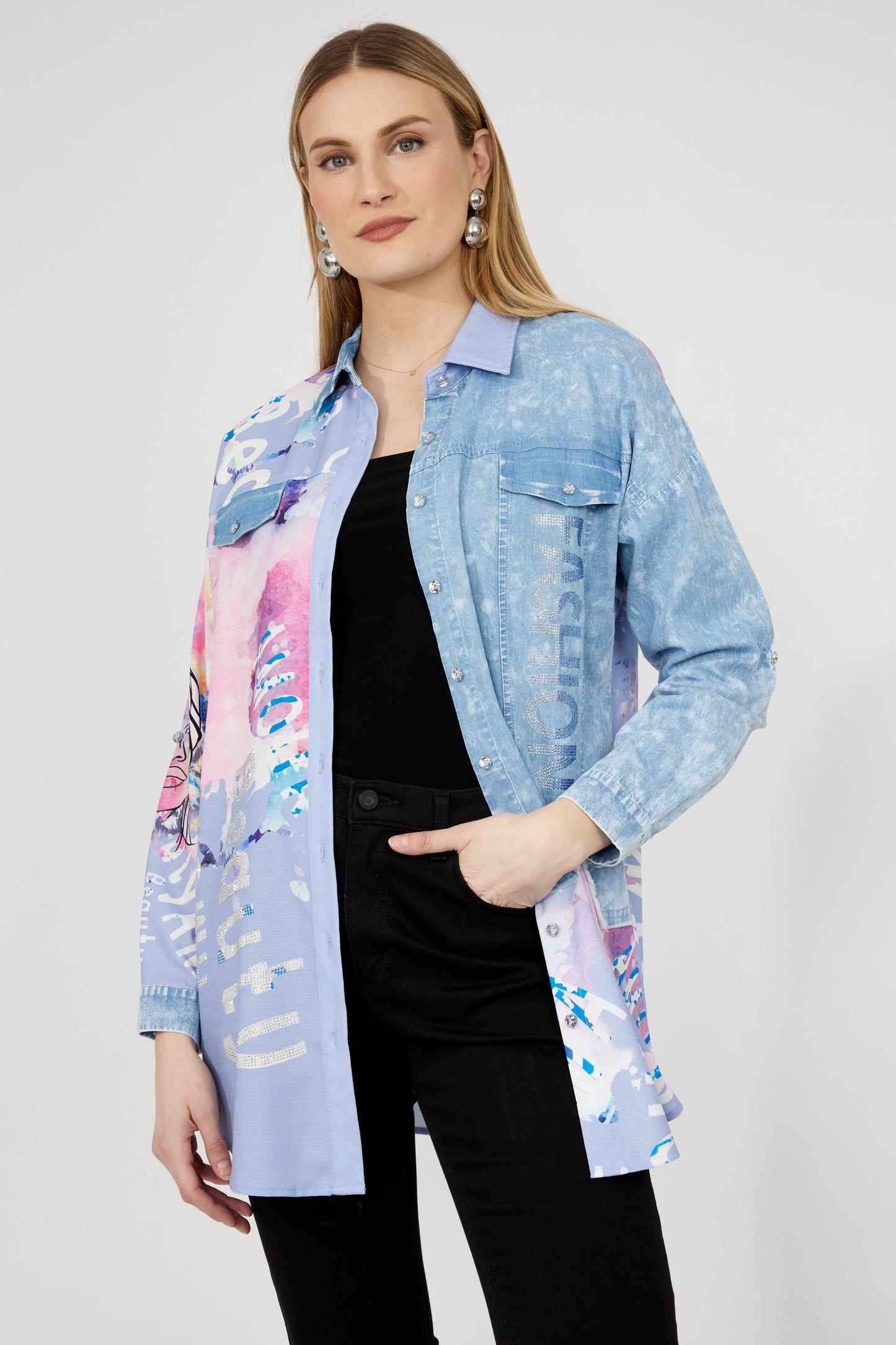 Patchwork & Denim Button Front Blouse. Style FL243528U