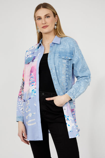 Patchwork & Denim Button Front Blouse. Style FL243528U