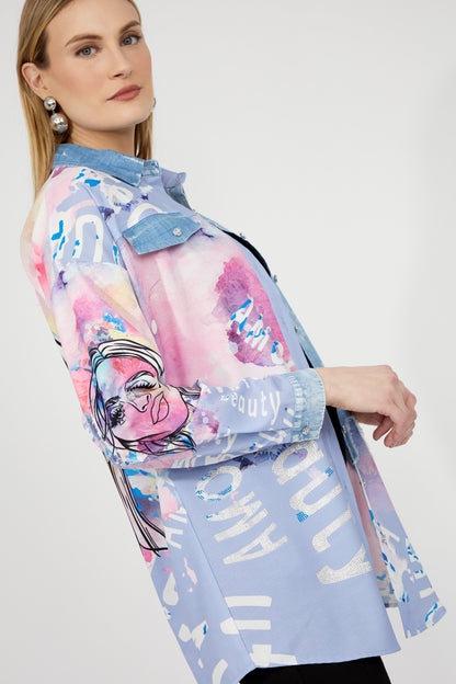 Patchwork & Denim Button Front Blouse. Style FL243528U