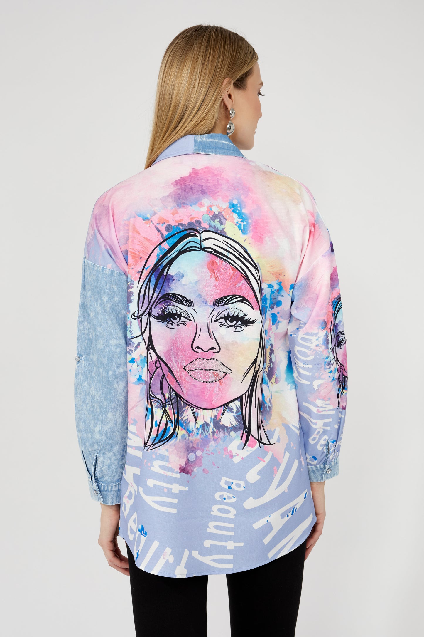 Patchwork & Denim Button Front Blouse. Style FL243528U