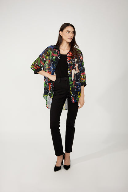 Abstract Multi Print Rhinestone Button Front Blouse. Style FL254932