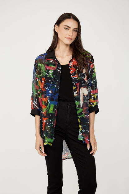 Abstract Multi Print Rhinestone Button Front Blouse. Style FL254932