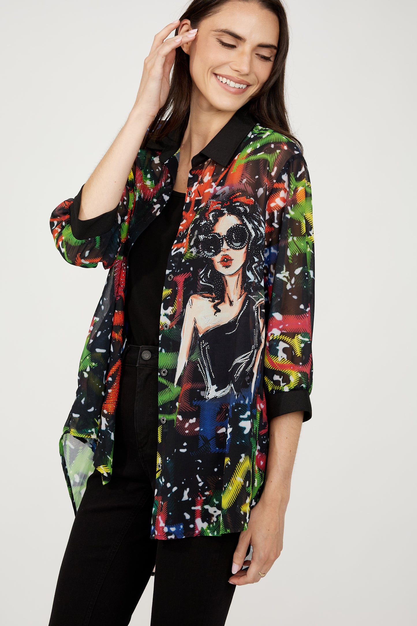 Abstract Multi Print Rhinestone Button Front Blouse. Style FL254932