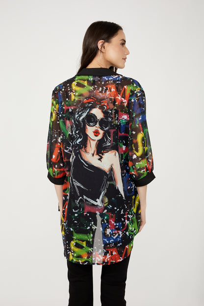 Abstract Multi Print Rhinestone Button Front Blouse. Style FL254932