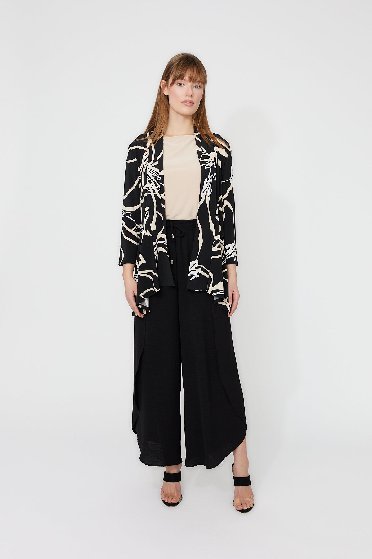 Abstract Black & Beige Print Open Front Cardigan. Style FL261226