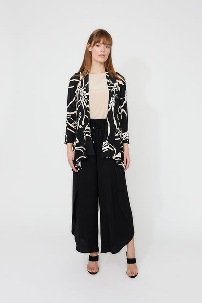 Abstract Black & Beige Print Open Front Cardigan. Style FL261226