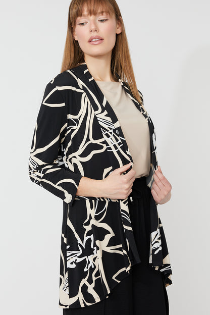 Abstract Black & Beige Print Open Front Cardigan. Style FL261226