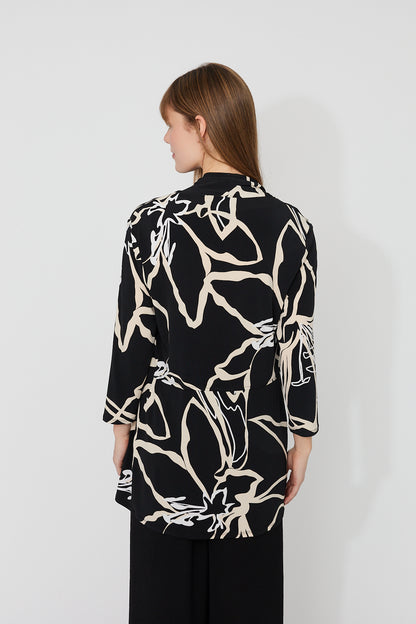Abstract Black & Beige Print Open Front Cardigan. Style FL261226