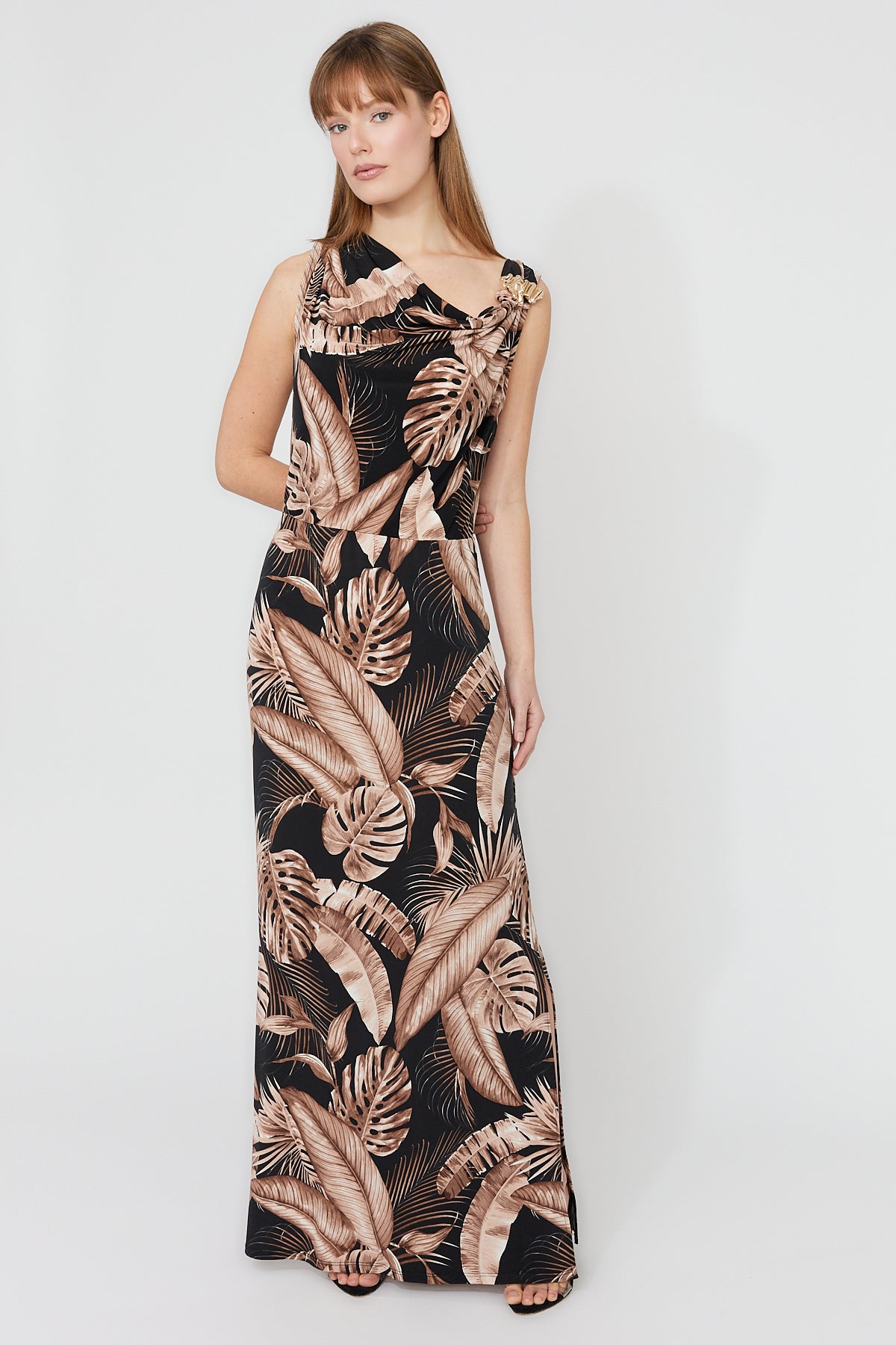 Gold Pin Sleeveless Leaf Print Maxi Dress. Style FL261324