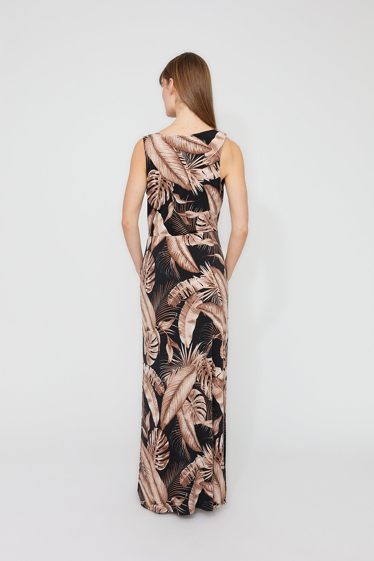Gold Pin Sleeveless Leaf Print Maxi Dress. Style FL261324