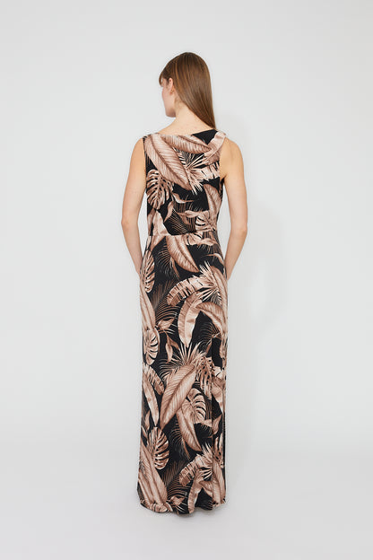 Gold Pin Sleeveless Leaf Print Maxi Dress. Style FL261324