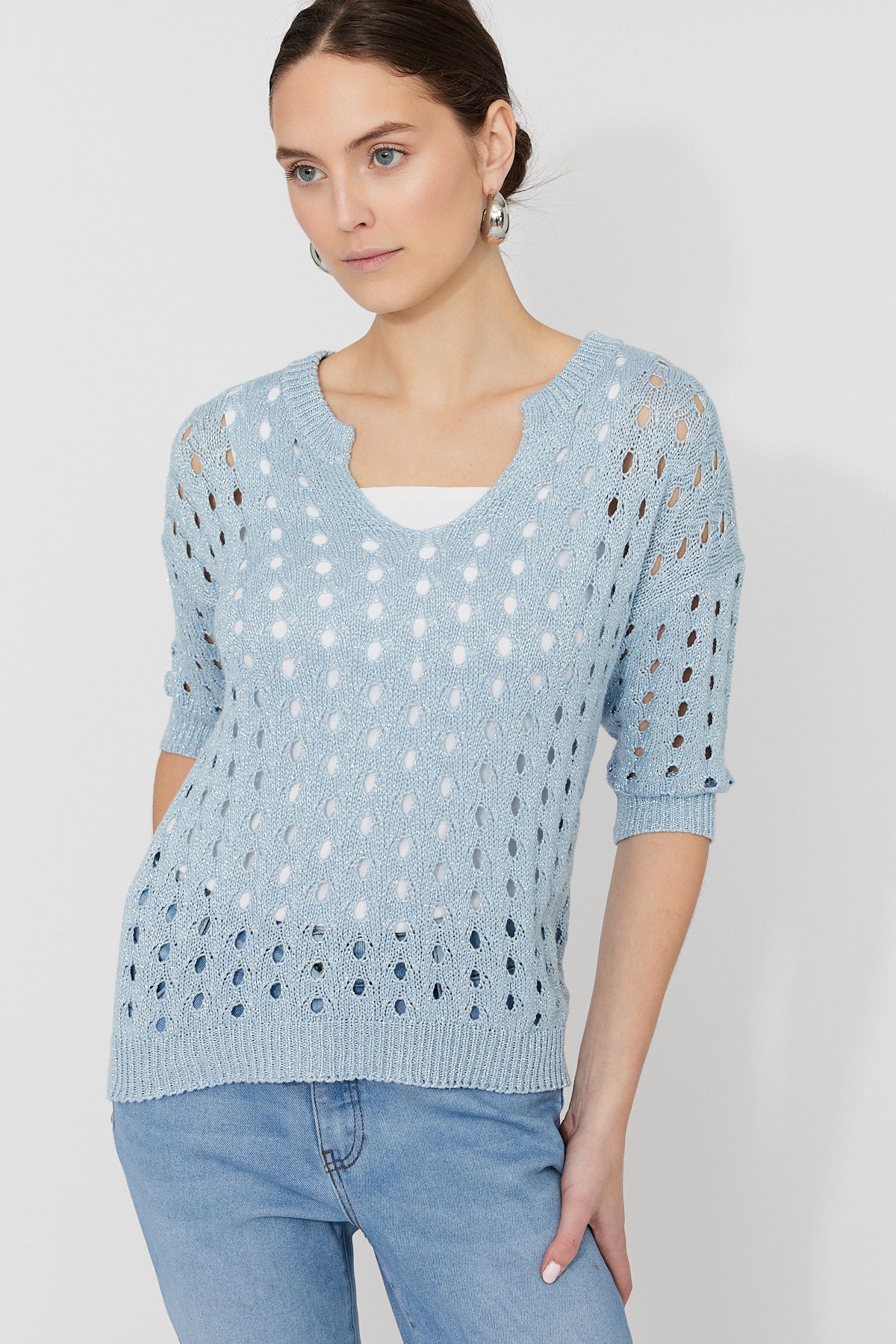 Glitter Holey Knit Notch Neck Sweater. Style FL261611