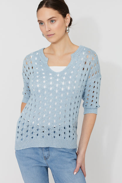 Glitter Holey Knit Notch Neck Sweater. Style FL261611