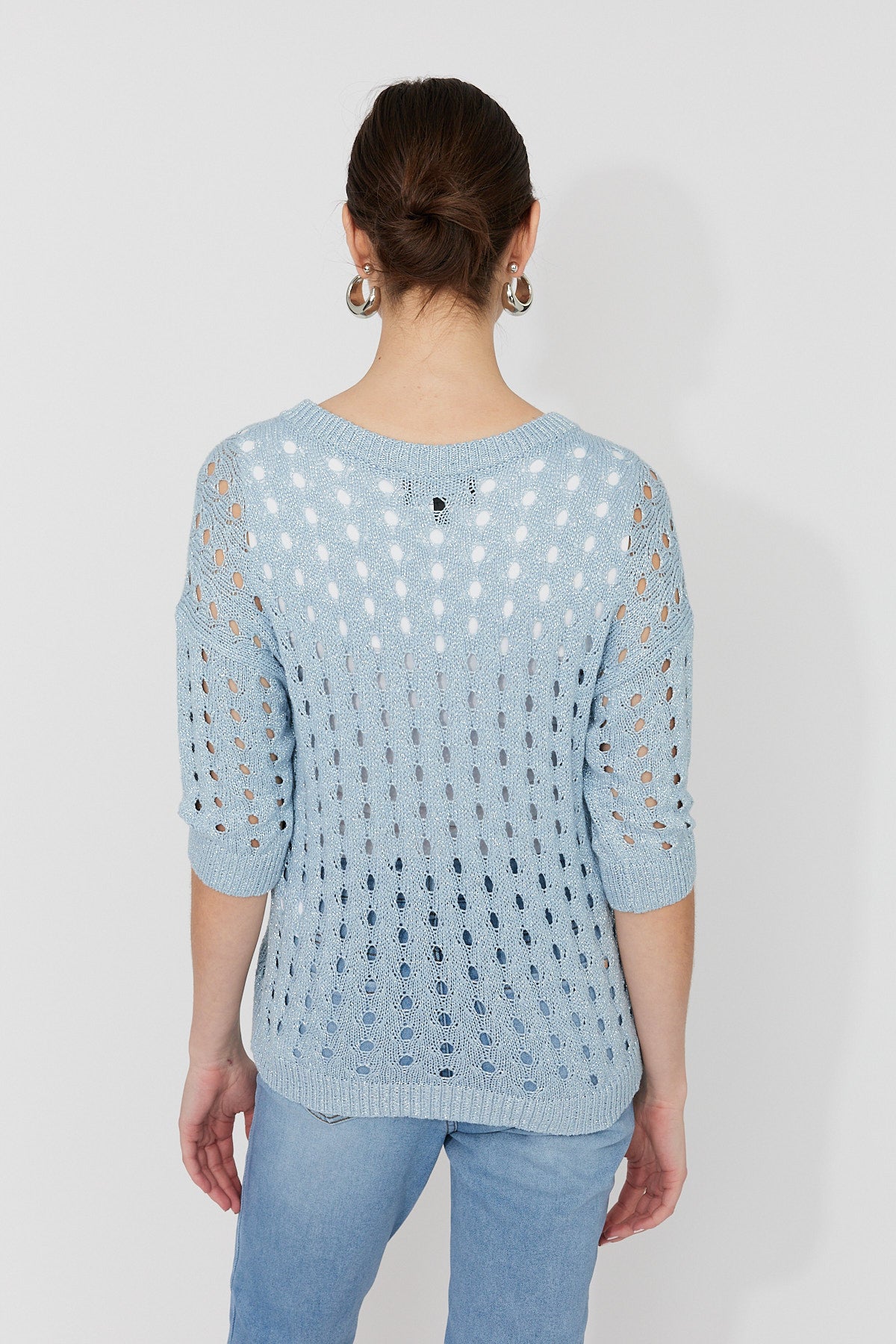 Glitter Holey Knit Notch Neck Sweater. Style FL261611