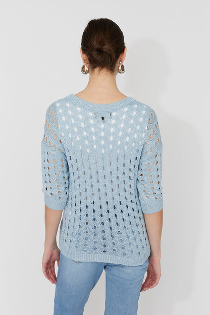 Glitter Holey Knit Notch Neck Sweater. Style FL261611