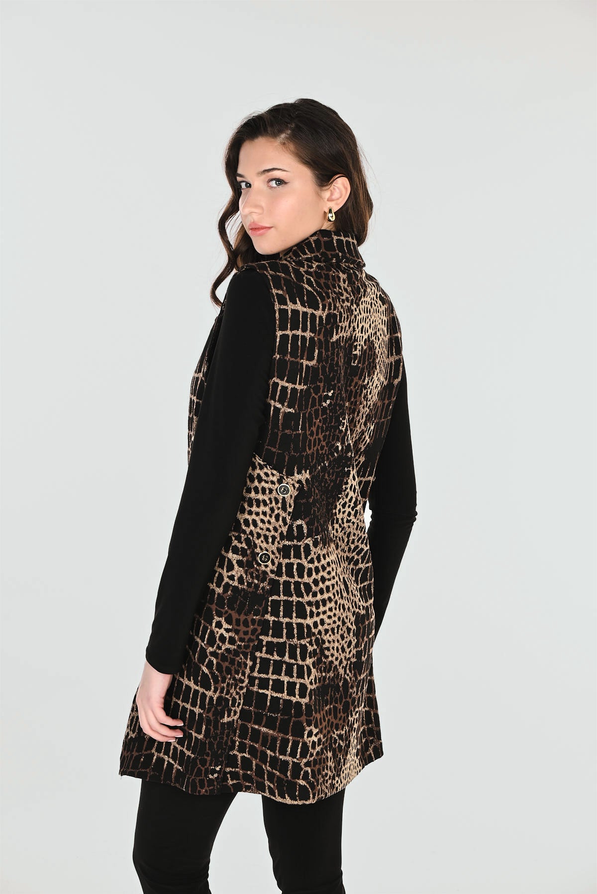 Fold-Over Lapels Animal Print Long Length Vest. Style FL263214
