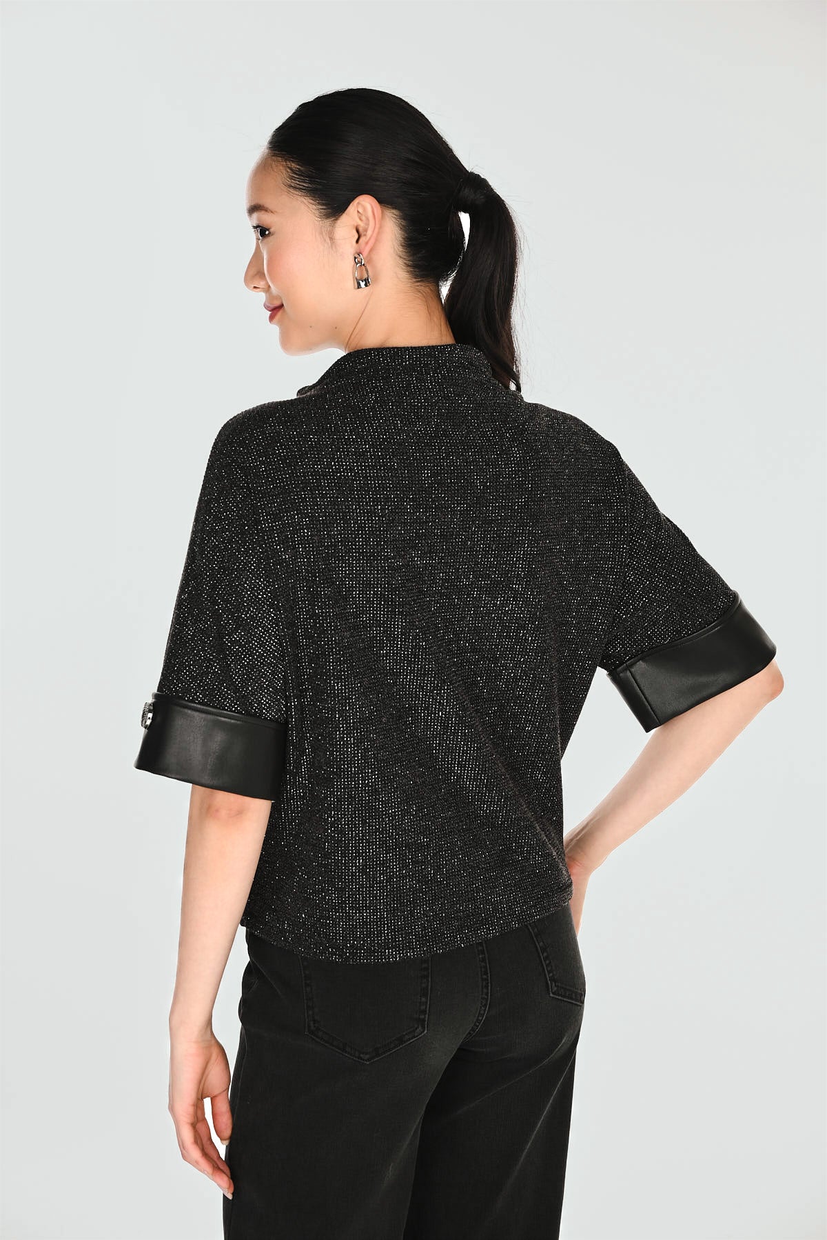 Metallic Knit Leather Statement Cuffs Boxy Fit Top. Style FL263420
