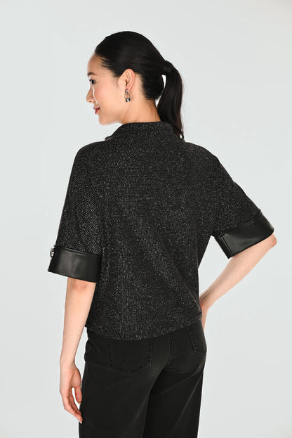 Metallic Knit Leather Statement Cuffs Boxy Fit Top. Style FL263420