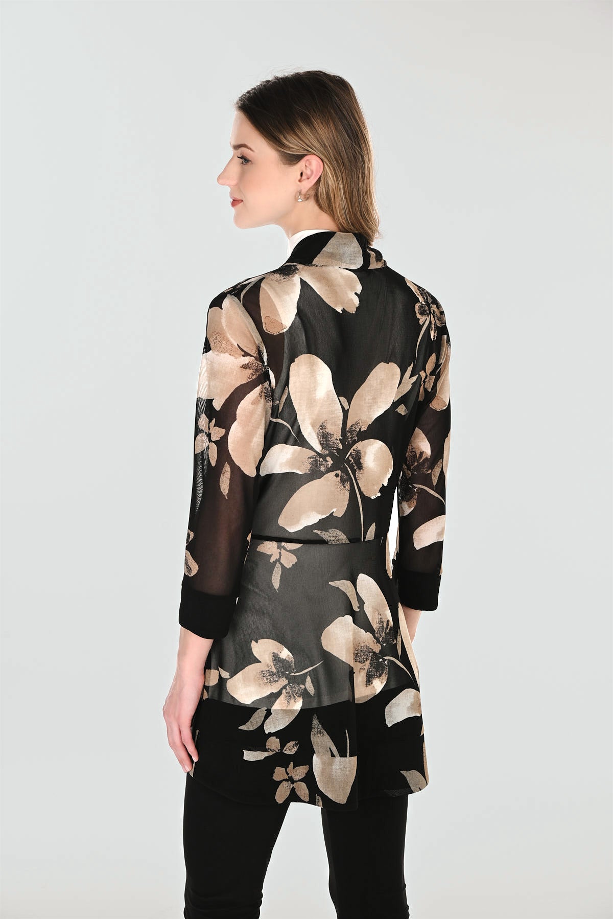 Long Length Floral Open Front Mesh Cardigan. Style FL263438