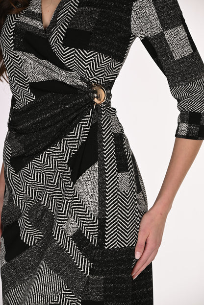 Wrap Style Gold Brooch 3/4 Sleeve Midi Dress. Style FL263458