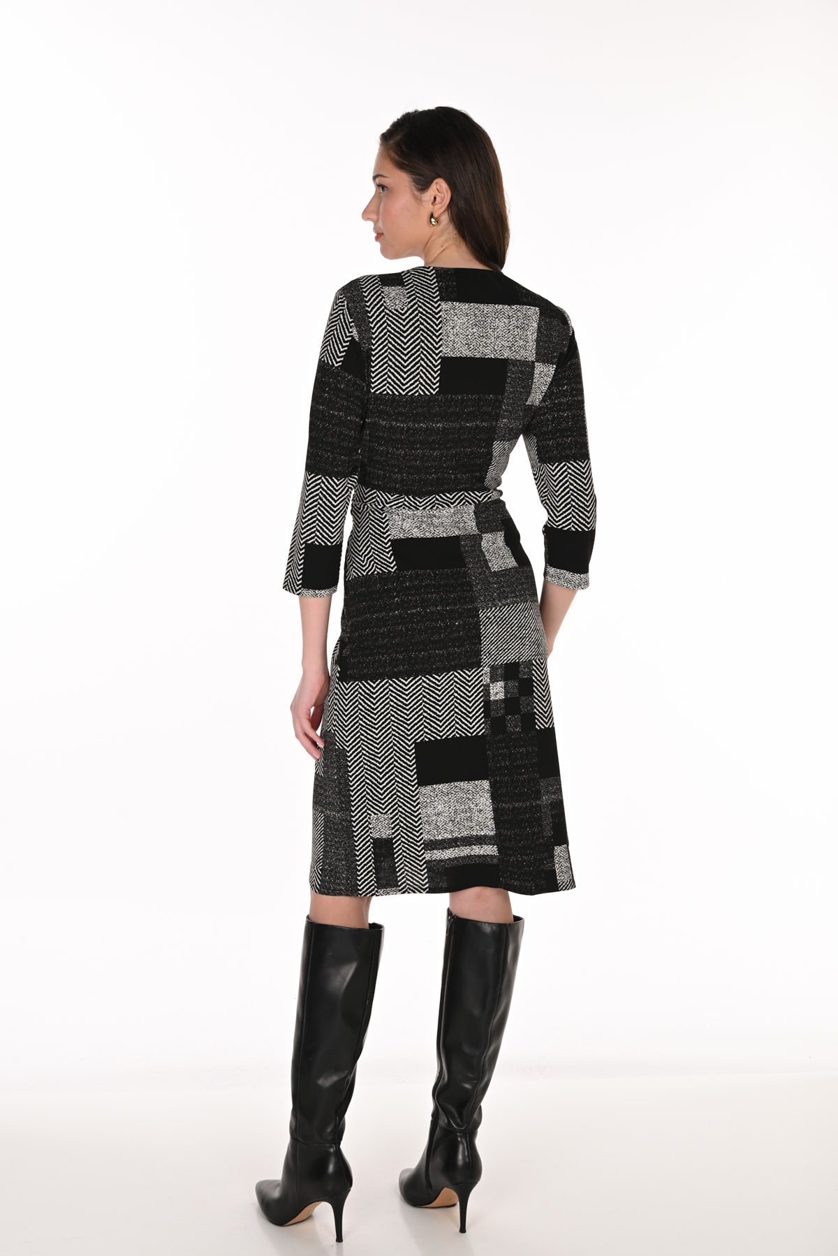 Wrap Style Gold Brooch 3/4 Sleeve Midi Dress. Style FL263458