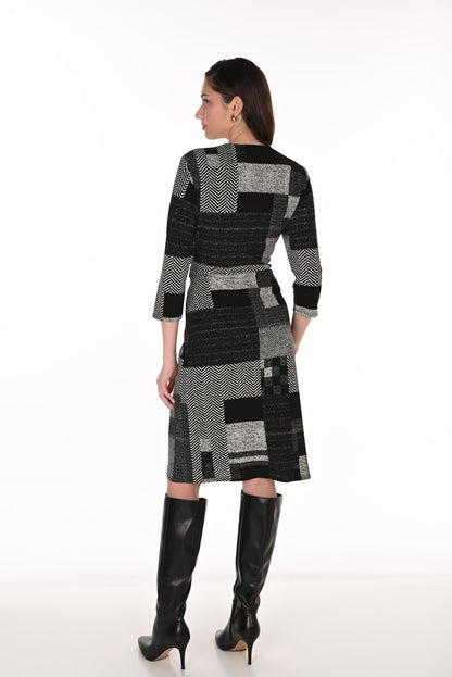 Wrap Style Gold Brooch 3/4 Sleeve Midi Dress. Style FL263458