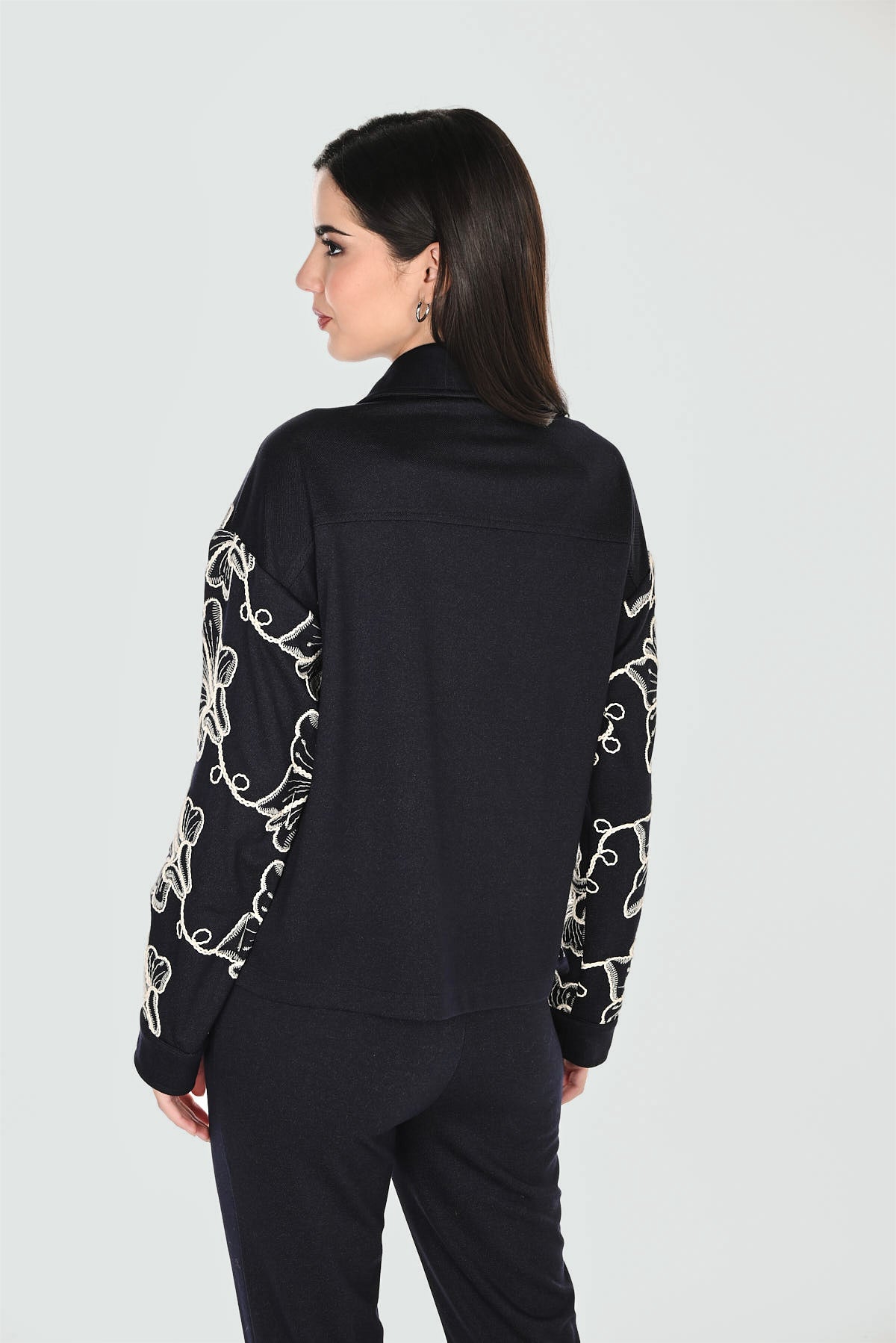 Button Front Soutache Floral Stretch Denim Jacket. Style FL263474