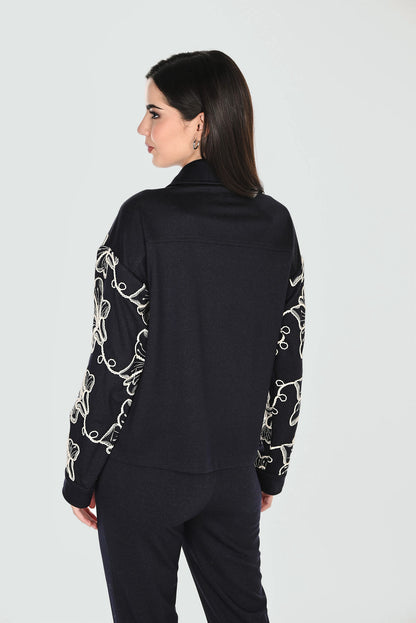 Button Front Soutache Floral Stretch Denim Jacket. Style FL263474