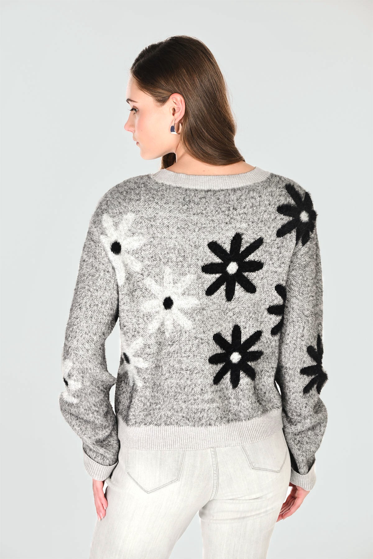 Crew Neck All-Over Flower Details Soft Sweater. Style FL263713