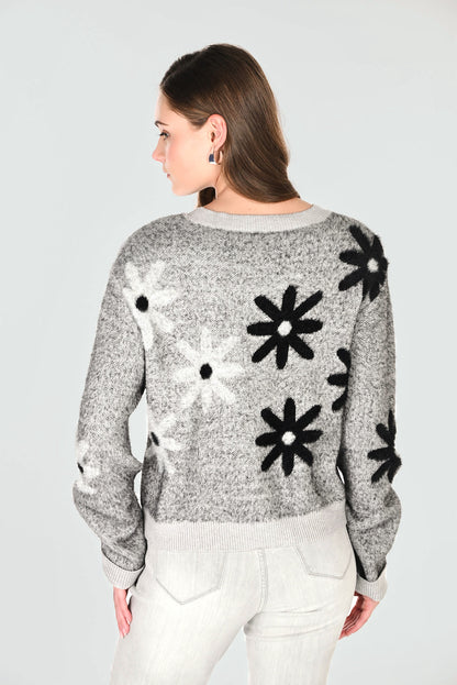Crew Neck All-Over Flower Details Soft Sweater. Style FL263713