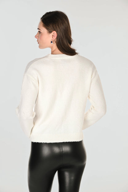 Crew Neck Black Flower Details Soft Sweater. Style FL263714