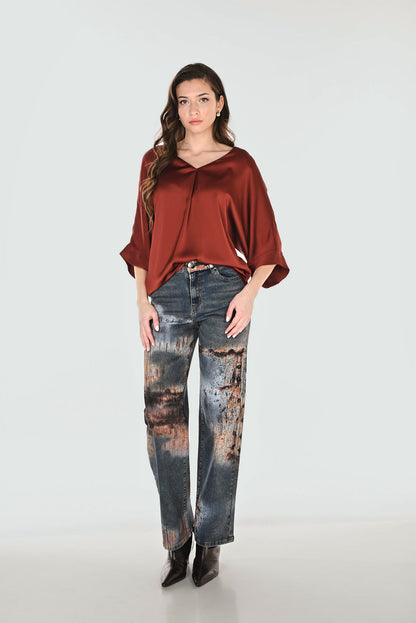Wide Leg Distressed Print Jean. Style FL263743