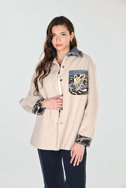 Abstract Print Button Front Boucle Jacket. Style FL263788