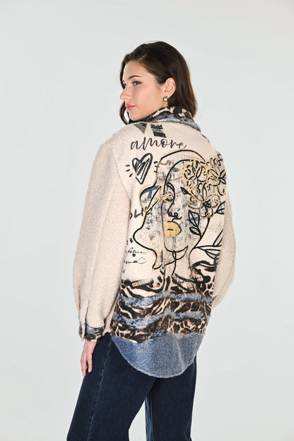 Abstract Print Button Front Boucle Jacket. Style FL263788