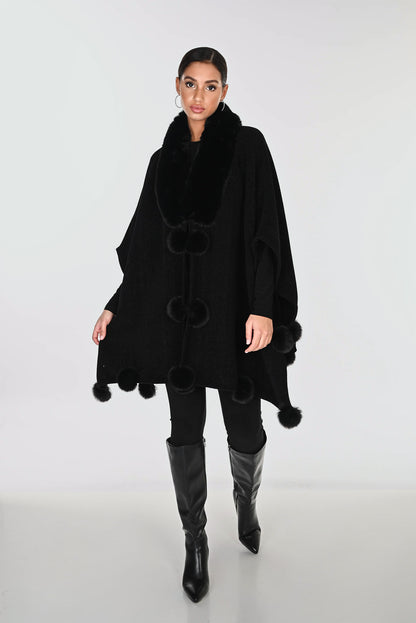 Fold-Over Faux Fur Trim Pom-Pom Longer Length Cape. Style FL263801