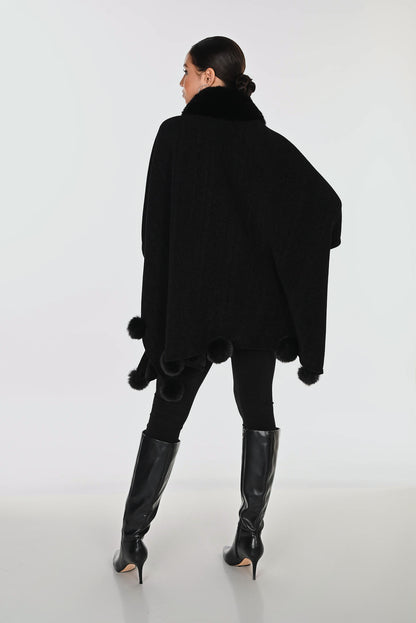 Fold-Over Faux Fur Trim Pom-Pom Longer Length Cape. Style FL263801