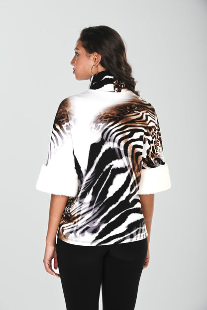 Animal Print Turtleneck Faux Fur Trim Short Sleeve Top. Style FL264201