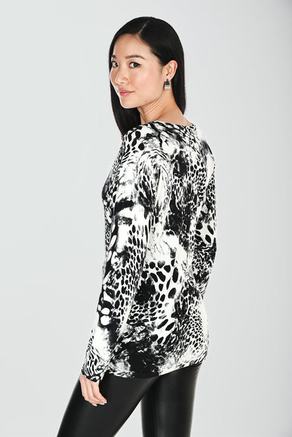 Animal Print Rhinestone & Metallic Details Sweater. Style FL264836